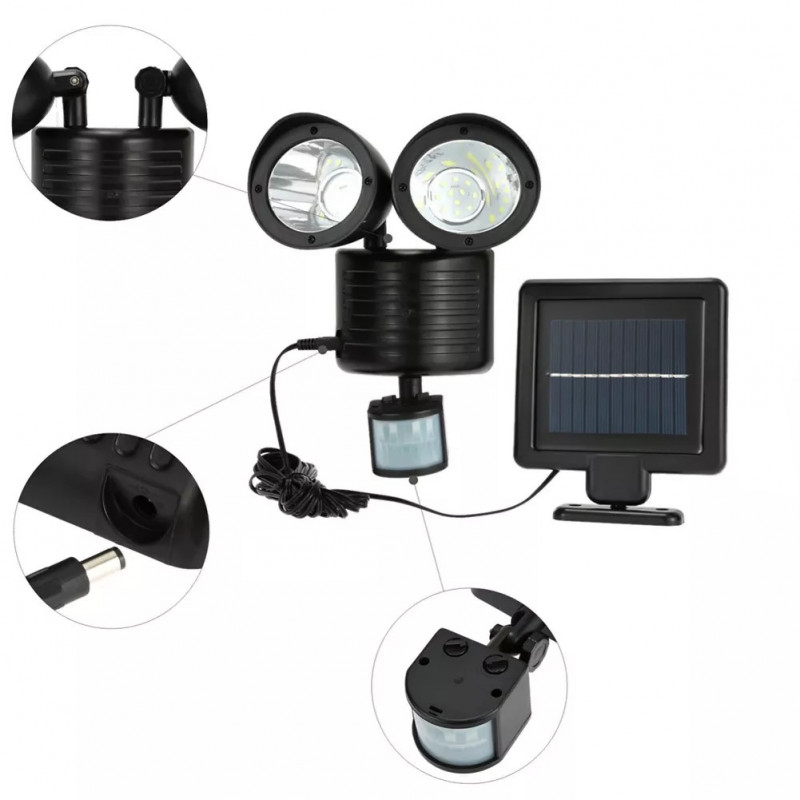 Double lampe solaire d'extérieur avec panneau solaire séparé, câble de 5 mètres et détecteur de mouvement Double lampe solaire d'extérieur avec panneau solaire séparé, câble de 5 mètres et détecteur de mouvement