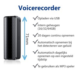 Enregistreur vocal Q70 avec grande capacité de batterie, 16 ou 32 Go. 20 jours d'enregistrement continu, automatique ou à heure 